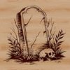 A spooky grave stone design featuring symbols of witchcraft on a dark background.