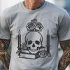 Gothic Skull Decor A stylized illustration of a gothic-style skull surrounded by ornate details and flowers, suitable for decorative purposes.