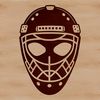 Hockey player's protective gear including helmet with facemask in stylized design.