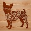 A Boston Terrier standing on its hind legs in front of a floral background.