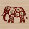 A standing elephant with a floral patterned background and ornate details.