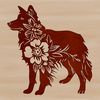 Lovely Australian Shepherd Portrait Close-up portrait of a standing Australian Shepherd dog with a floral pattern background.