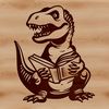 A prehistoric dinosaur reading a book in a whimsical scene.
