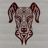 A close-up vector illustration of a Doberman Pinscher's head, featuring detailed features and ornate design elements.