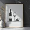 A simple illustration of a glass of red wine sitting on a table next to a bottle.