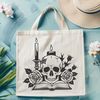 Gothic Skull Illustration with Book and Rose A detailed illustration of a skull with a book lying next to it, surrounded by a rose.