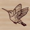 Illustration of a hummingbird in flight, a small bird with a long beak and iridescent feathers.