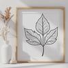 A stylized illustration of a single leaf with detailed lines and curves.