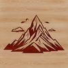 A 3D illustration of a mountain landscape with snow-capped peaks and trees.