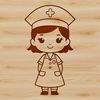 A simple line drawing of a female nurse in a standard issue hospital uniform.