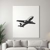 A stylized illustration of a commercial airplane in flight.