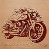 A stylized illustration of a motorbike with detailed engine and wheel components.
