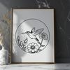 Vibrant Hummingbird in Bloom Illustration of a small bird with iridescent feathers, surrounded by flowers and foliage.