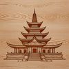 An outline diagram of a Buddhist temple structure with ornate details and architectural features.