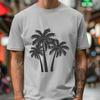 A simple outline illustration of palm trees in a tropical landscape.