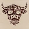 Cow in Sunglasses Relaxing in the Meadow A Scottish Highland cow standing in a green meadow, wearing sunglasses on its head.