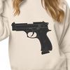 A detailed, 2D illustration of a handgun with various design elements.