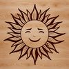 An orange-yellow sun with rays and clouds in the background, suitable for weather-themed projects.