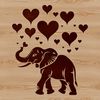 A large standing elephant with love hearts surrounding its body.