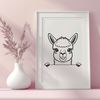 Peek-a-Boo Alpacas Illustration A digital illustration of a curious alpaca peeking out from behind a tree branch.