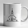 A 2D illustration of a traditional Baptist church with a steeple and ornate details.