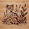 Close-up illustration of a wild ocelot sitting in a floral setting, designed as vector art.