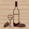 An outline vector graphic representation of a bottle of wine on a table next to a wine glass.