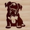 A sitting bulldog breed dog with a gentle expression.