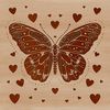 A colorful butterfly with intricate details, featuring love hearts on its wings.