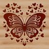 A colorful butterfly with love hearts surrounding its body, suitable for gardening-themed designs.