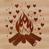 Warmth and Love in the Great Outdoors A camp fire with flames and love hearts burning in the outdoors.