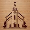 Vector graphic illustration of a church building with architectural details.