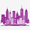 A detailed digital illustration of a modern city skyline at sunset.