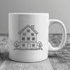 A simple vector illustration of a house with a front door and windows.