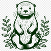 A simple line illustration of a river otter swimming in the water, surrounded by lush aquatic plants.