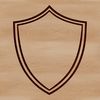 A simple line drawing of a shield with rounded edges and a central emblem.