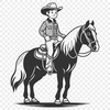A digital illustration of a rugged cowboy riding a horse, suitable for vector graphics and cutting machines.