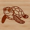 A cartoon sea turtle wearing glasses swims in the ocean, surrounded by seaweed.