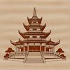 A detailed illustration of a traditional Buddhist temple architecture.