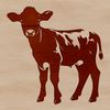 An illustration of a brown cow standing in a field.