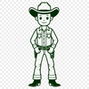 A digital representation of a cowboy character in an open plains landscape.
