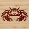 A detailed illustration of a crab with a brown shell and claws.