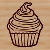 A simple illustration of a decorated cupcake with frosting and sprinkles on top.