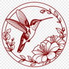 An ornamental design featuring a hummingbird perched on a blooming flower branch.