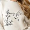 Hummingbird in Flight A vector illustration of a hummingbird in flight above a stylized botanical pattern.