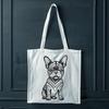A sitting Boston Terrier with a subtle ornate pattern background, suitable as a vector design or clip art.