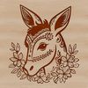 A detailed illustration of a donkey's head with ornate floral patterns.