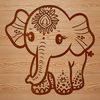 A standing elephant in a decorative, ornate design.