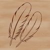 A stylized illustration of a single feather in various colors.