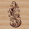 A stylized illustration of flaming shapes in bold, ornate lines.